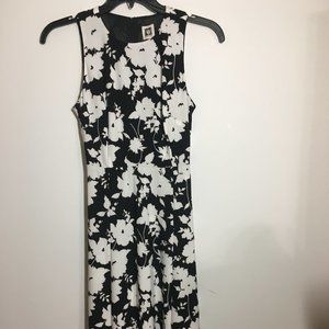 Anne Klein Floral A Line Dress with Tie Black and White
